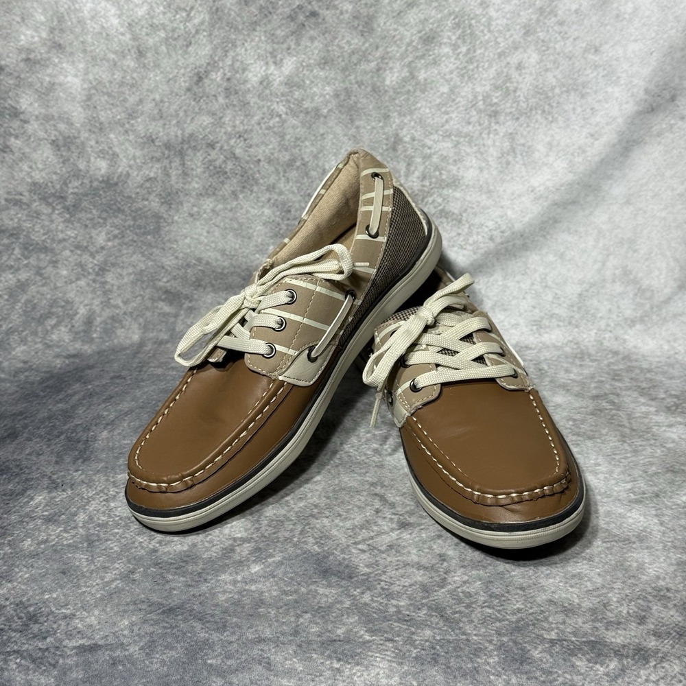 Sedagatti Mens‎ Boat Shoes Size 6.5M Brown Beige Casual Lace Up Moc Toe Nautical